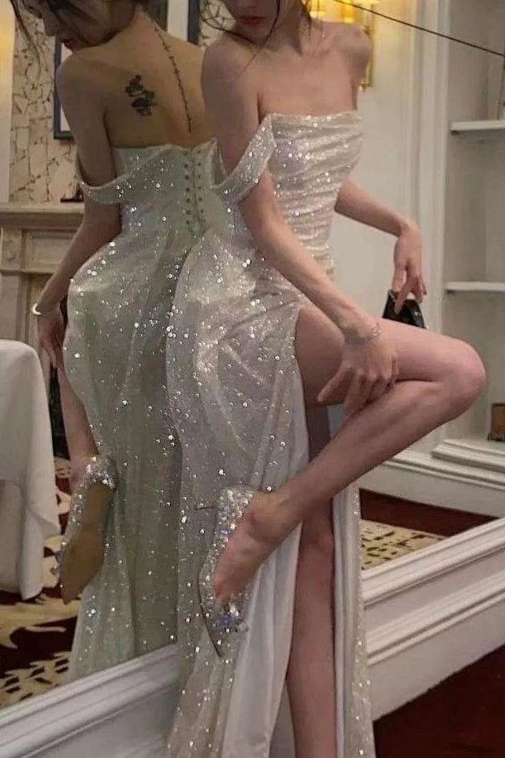 Glänzende schulterfreie Ballkleider, langes formelles Abendkleid mit hohem Schlitz, Partykleider N341