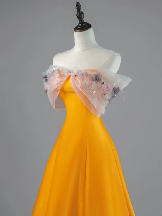 Modest A line Off The Shoulder Orange Appliqued Lace Satin Long Prom Dresses Night Formal Dresses N682
