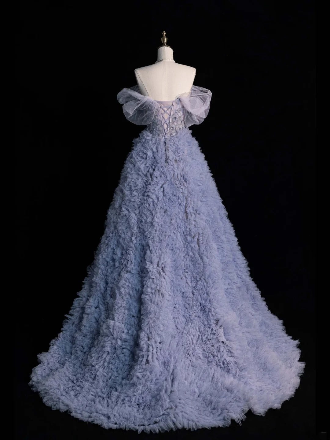 Robe de bal princesse bleu poudré à épaules dénudées avec tulle appliqué, longue robe de soirée formelle, robe de bal de fin d'année N752
