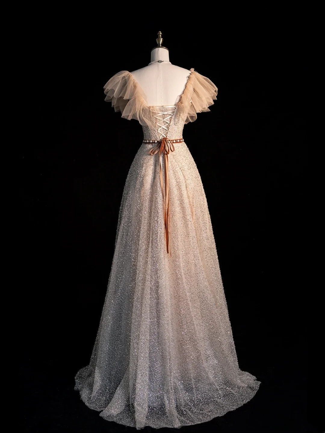 Magnifique robe de bal longue à sequins champagne, coupe trapèze, col carré, inspiration tenue de soirée N246