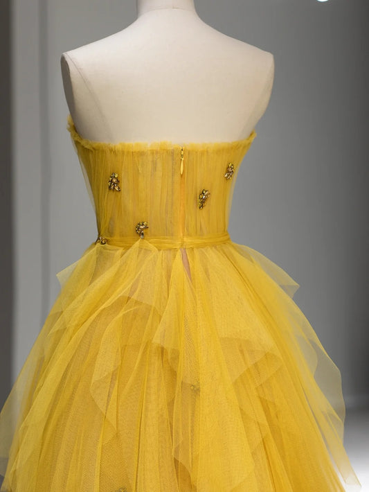 Princess Prom Dresses Ball Gown Strapless Yellow Tulle Sweet 16 Evening Long Formal Dress RB4004