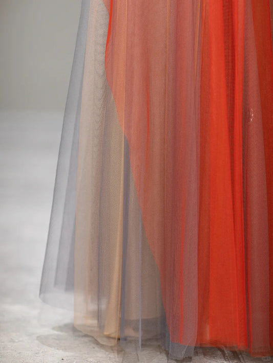 Elegant A Line High Neck Orange Tulle With Flower Beads Long Prom Dresses Inspo Evening Outfits RB3998