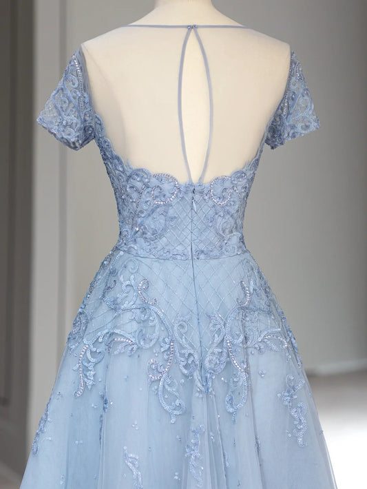 Elegant A Line Scoop Light Blue Tulle With Appliqued Long Prom Dresses Inspo Evening Outfits RB3997
