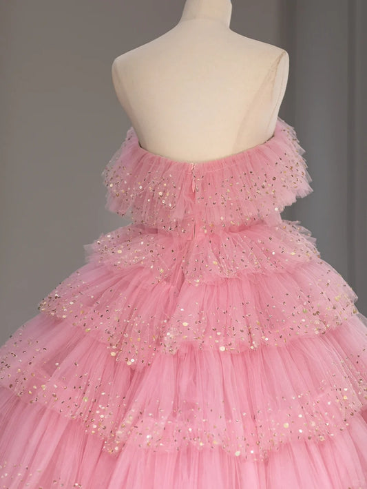 Princess Prom Dresses Ball Gown Strapless Pink Tulle Sweet 16 Evening Long Formal Dress RB4006