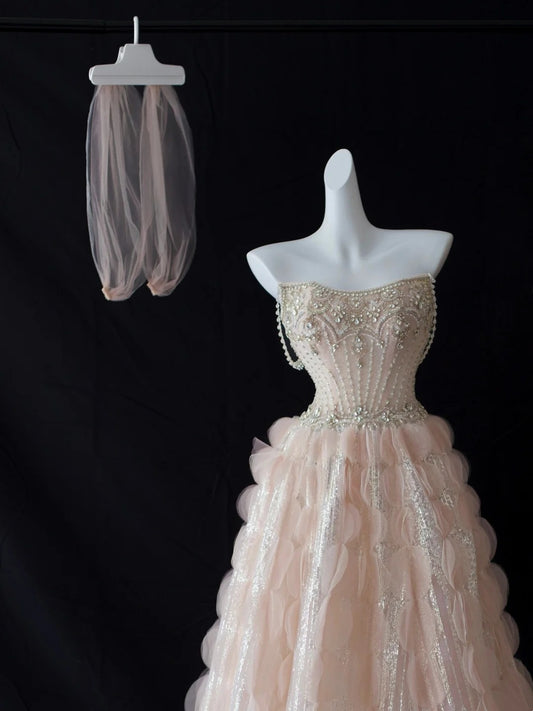 Belles Robes de Bal de Promo Robe de Bal Cœur en Tulle Rose Poudré avec Perles Robe de Soirée Longue N2925