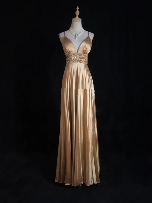 Classy Prom Dresses A Line Spaghetti Strap Gold Satin With Ruffle Beading Long Formal Gown N2900