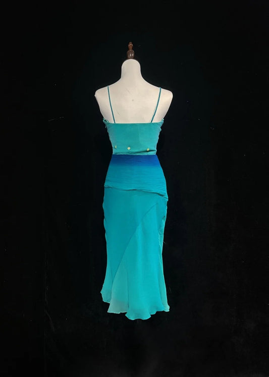 Vintage Prom Dresses Sheath Ombre Gown Gradient Colors Blue Sleeveless 70s Beads Formal Gown N2570