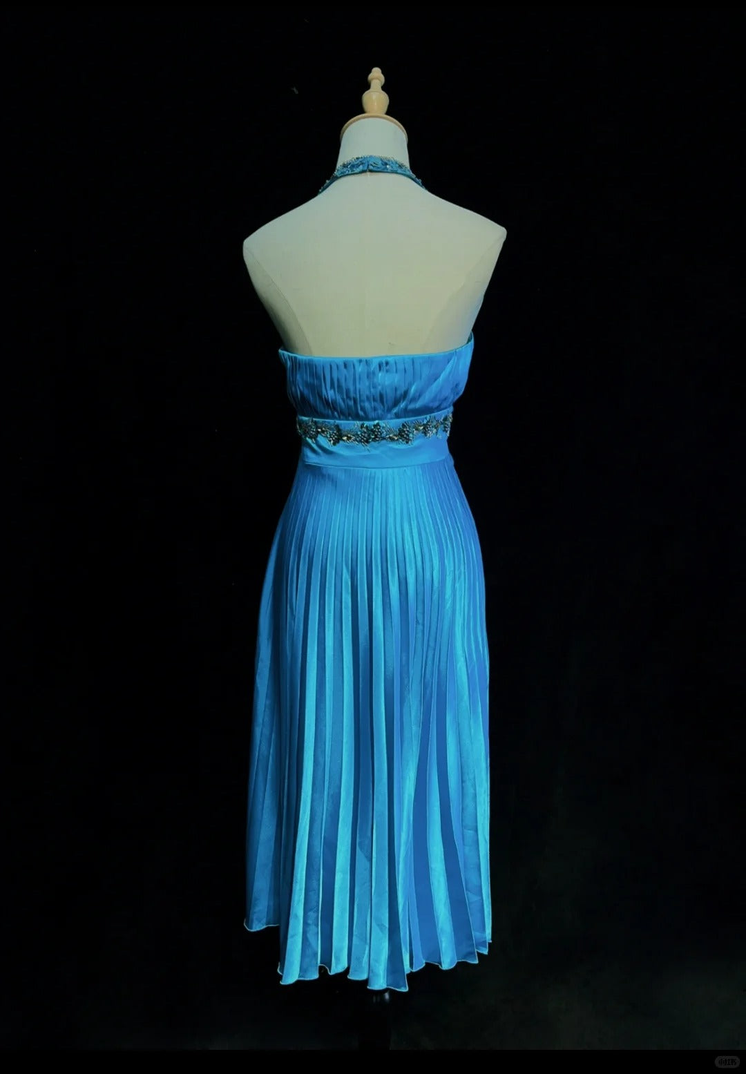 Vintage Abschlussballkleider A-Linie Neckholder Blau Satin Mit Perlen Midilang 80er Jahre Ballkleid N2581
