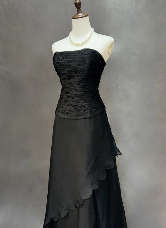 Vintage Prom Dresses A line Strapless Black Tie Dress Sleeveless 1990s Long Formal Evening Gown N2635