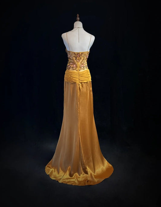 Vintage Prom Dresses Mermaid Spaghetti Strap Gold With Ruffle Beads Chiffon 90s Formal Gown N2588