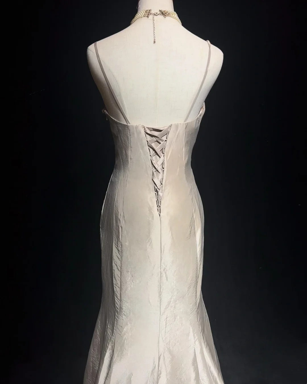 Vintage Abschlussballkleider Meerjungfrau Spaghettiträger Silber Taft Mit Perlen 90er Langes Abendkleid N2892