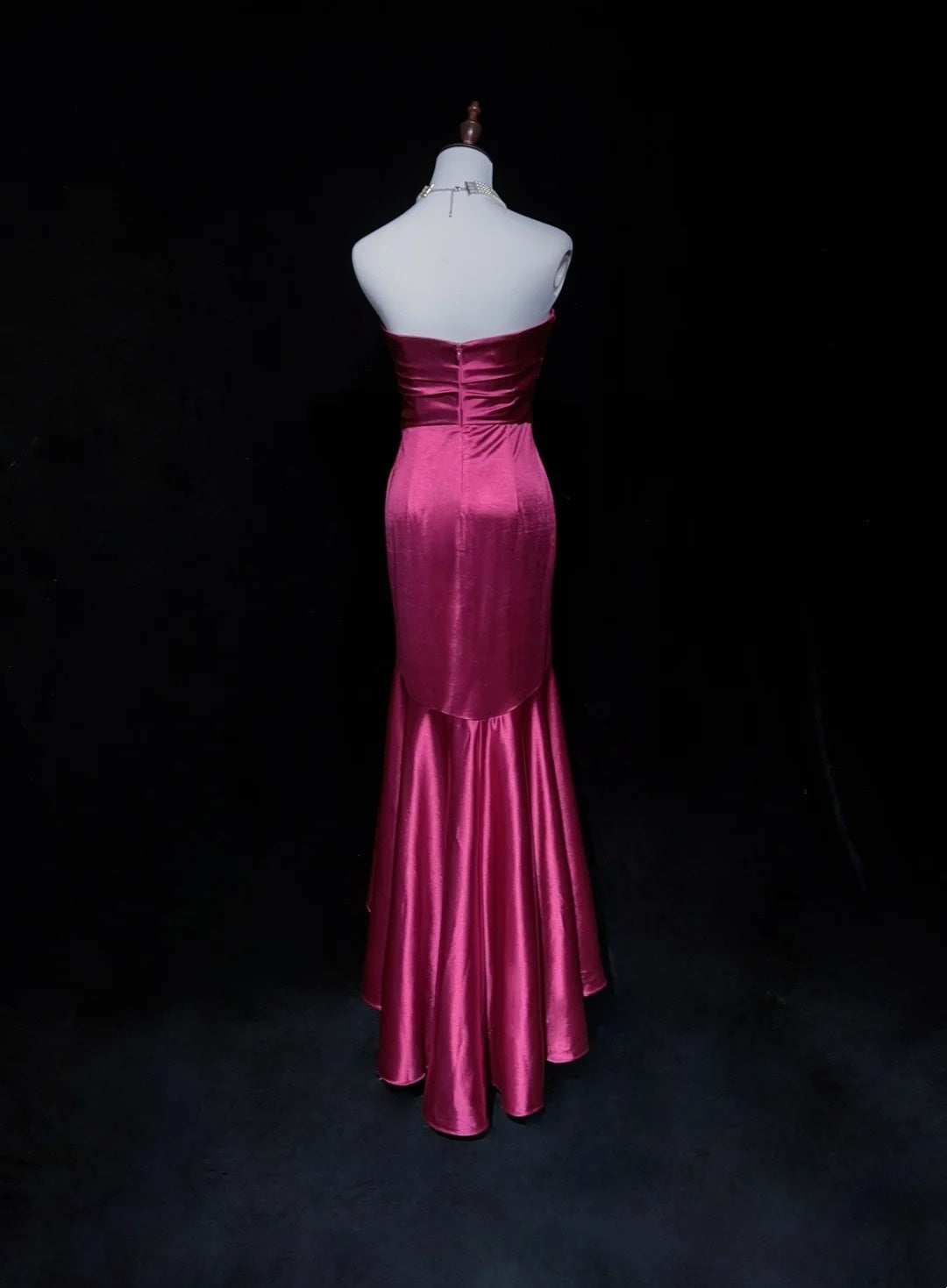 Vintage Prom Dresses Mermaid Strapless Fuchsia Satin High Low 1990s Formal Evening Gown N2650