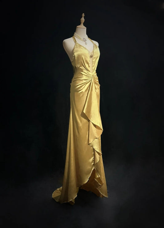 Vintage High Low 2000s A line Halter Gold With Pleated Formal Dress Long Prom Dresses N2585