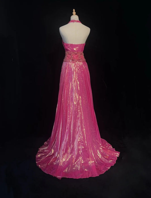 Vintage 90s Prom Dresses A Line Halter Hot Pink With Beading Crystals Long Prom Gown N3062