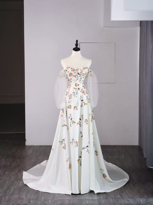 Modest A line Sweetheart Floral White College Formal Outfit With Long Sleeves Prom Graduation Dresses For Teens N1172