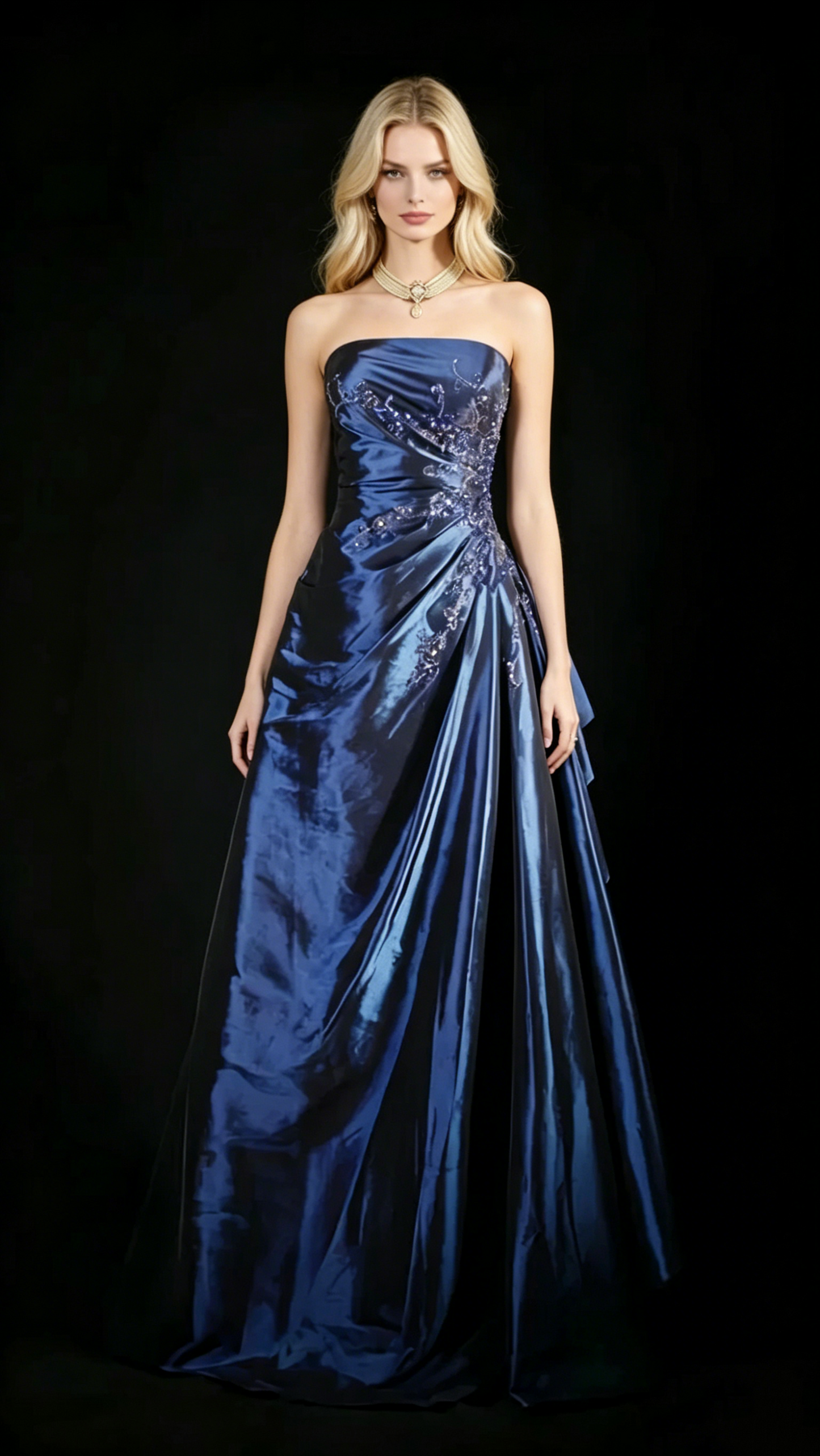 Cute Ball Gown Strapless Navy Blue Satin With Ruffles Long Evening Gowns Prom Dresses N3043