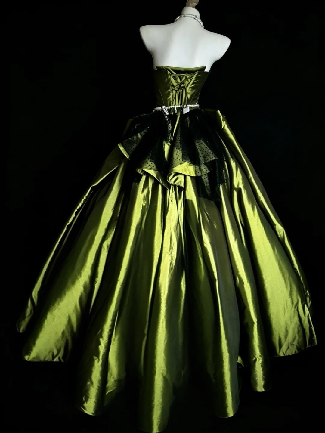Princess Ball Gown Strapless Olive Green Satin With Ruffles Sweet 16 Dresses Quinceanera Dress N4190