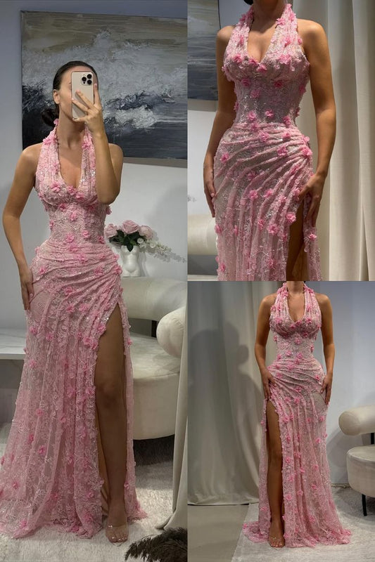Robe de bal sirène chic en dentelle rose à col halter et fente haute, idéale pour les adolescentes. Robe de soirée élégante AB1123