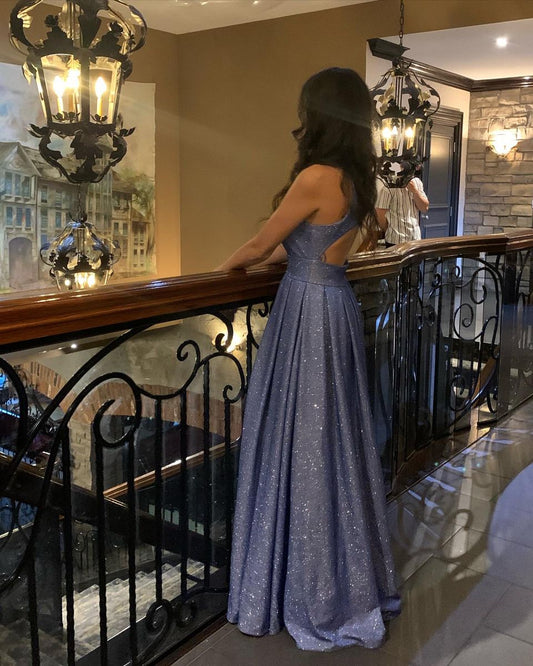 Shinning A Line Square Neck Blue Backless Sequin Prom Dresses For Teens Formal Dress Party Outfits Prom Gowns AB1038