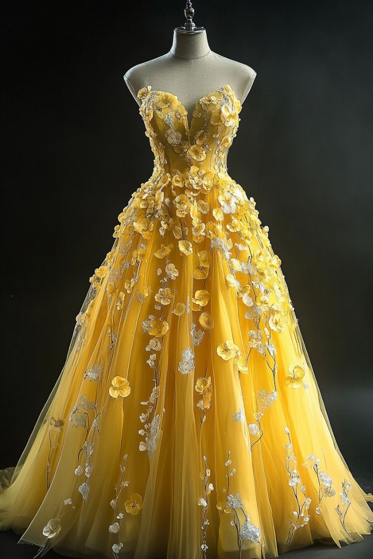 Luxuriöses Ballkleid mit Herzausschnitt, gelb mit Blumenmuster, Abschlussballkleid 2026, 16. Geburtstagskleid für Damen, formelles Abendkleid AB1208