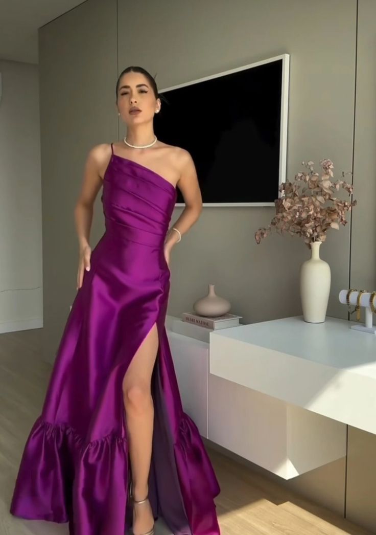 Modest Sheath One Shoulder Grape Satin Slit Long Prom Dresses Slit Side Prom Gowns AB224