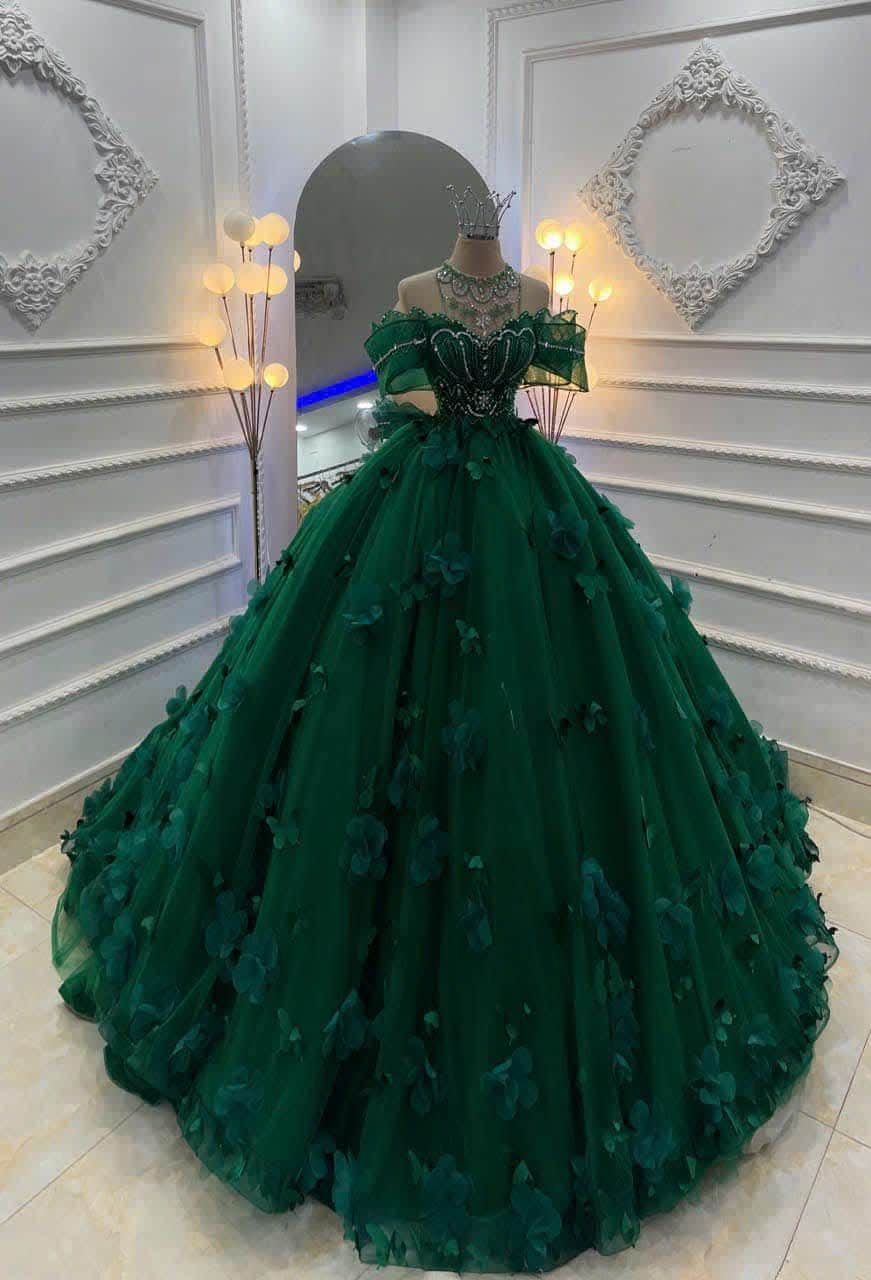 Smaragdgrünes schulterfreies Quinceañera-Kleid mit Perlenapplikationen, luxuriöses Geburtstagskleid für Sweet 15 und 16 Jahre, AB1067