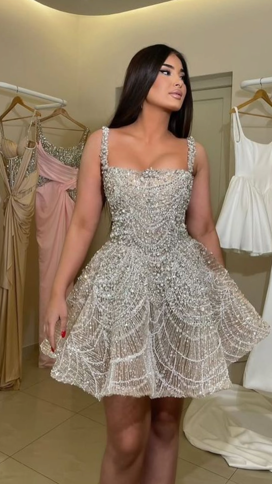 Sexy Ballkleid Spaghettiträger Champagner Pailletten Kurz Mini Partykleid Cocktail Homecoming Kleider N4233