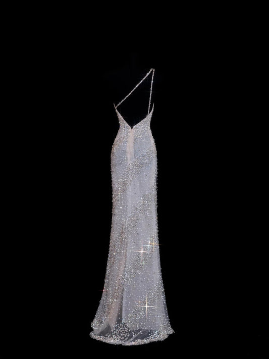 Sparkly Sequin Sheath One Shoulder White Sequined Long Prom Dresses Inspiration Evening Gowns Formal Party Prom Dress N146