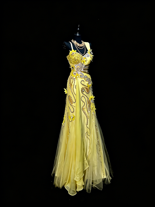 Elegantes, gelbes Chiffonkleid im Meerjungfrauenstil mit herzförmigem Ausschnitt und perlenbesetztem Oberteil – langes Ballkleid für Teenager (N1191)