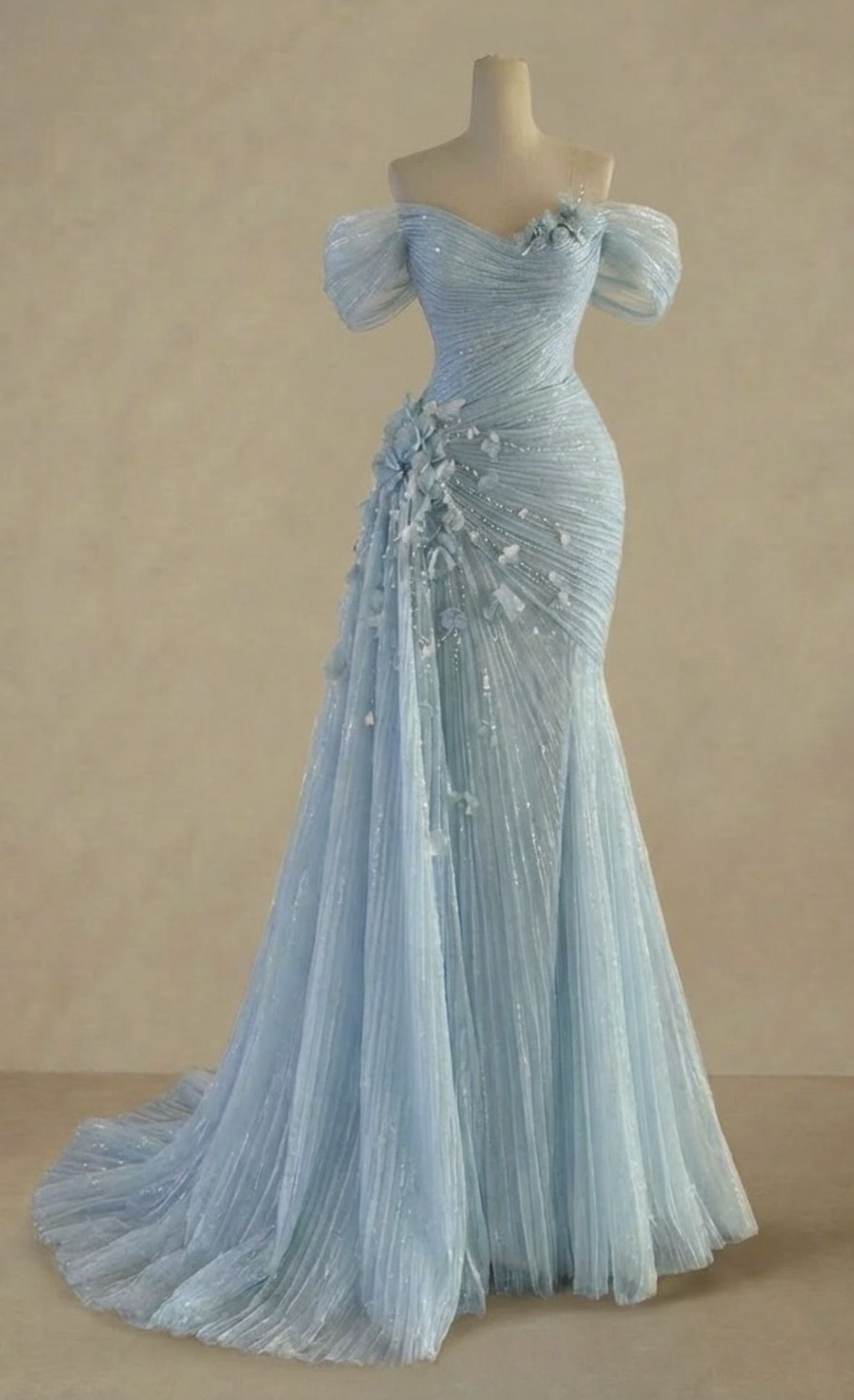 Robe de bal longue en mousseline bleu ciel clair, style sirène, épaules dénudées, N1005