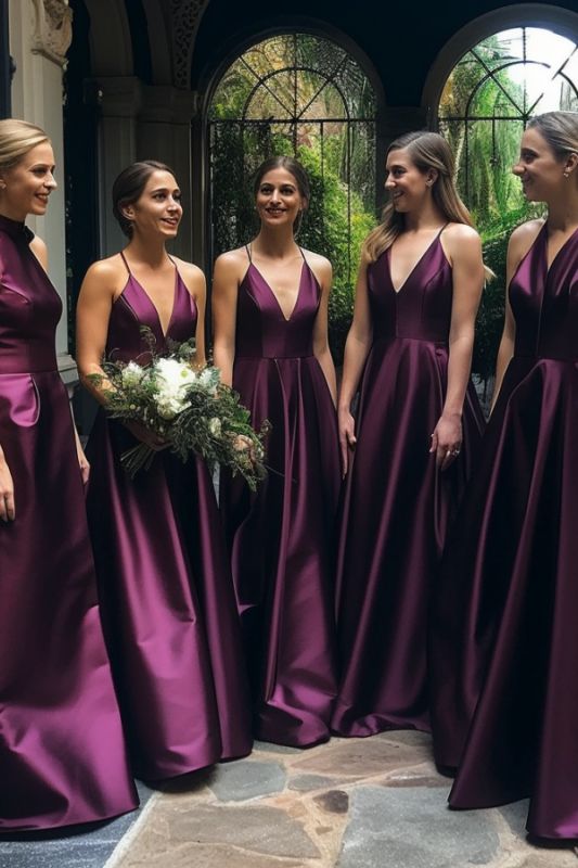 Simple A line Spaghetti Straps Grape Satin Long Bridesmaid Dresses AB994