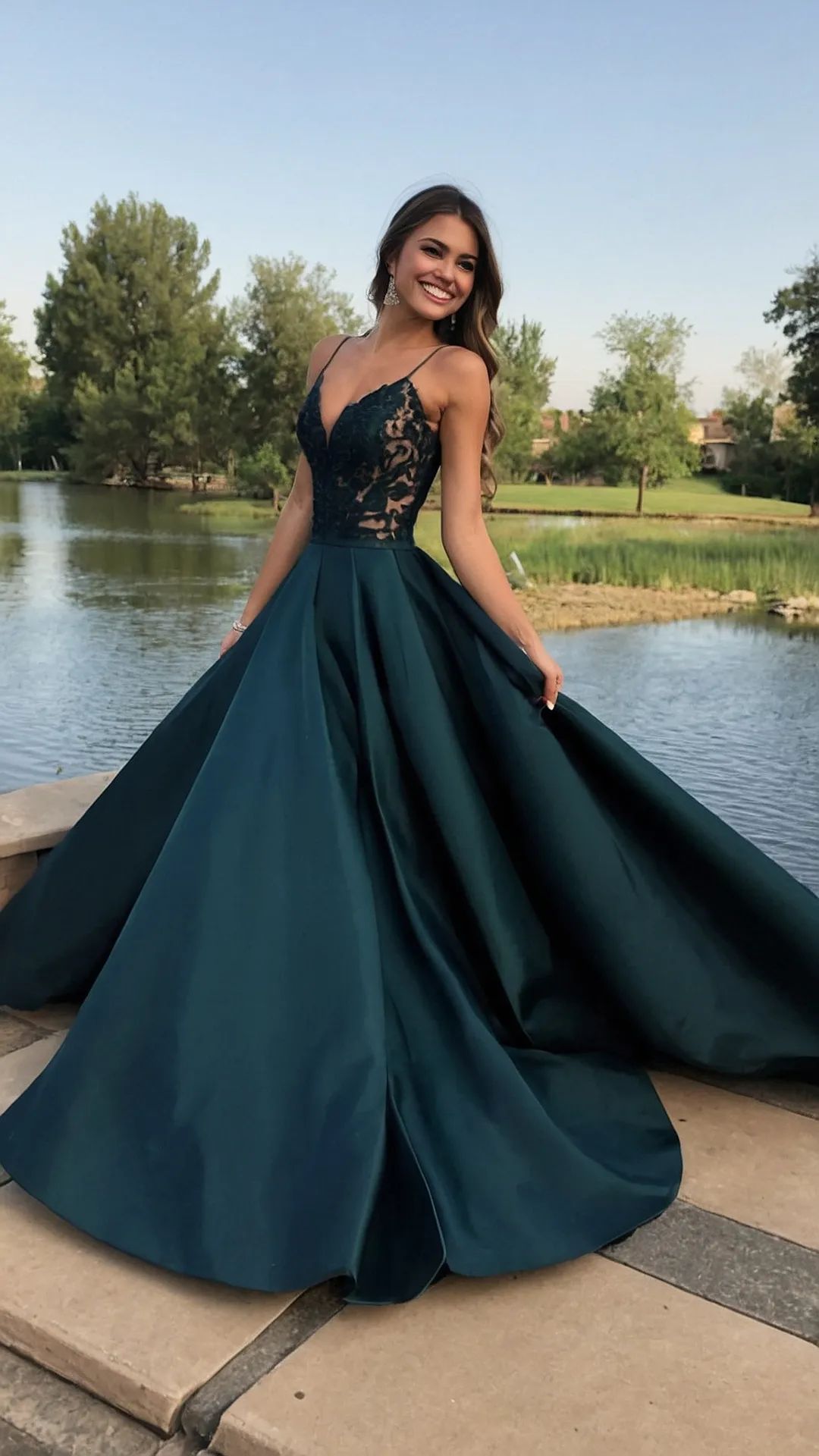 Robe de bal sobre en satin vert foncé, longue et trapèze, à fines bretelles spaghetti, référence AB476