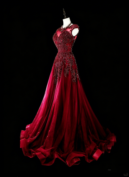 Vintage A line Scoop Burgundy Tulle 70s With Beads Long Prom Gown Party Wear Dresses N1844