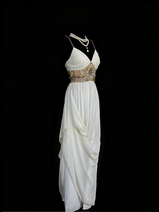 Chic A Line Spaghetti Strap White Chiffon Beads Senior Prom dresses High School Long Formal Dresses N1249