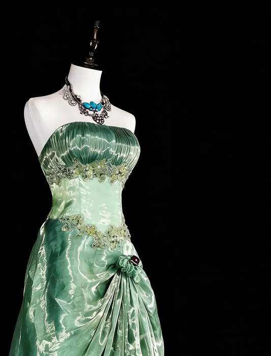 Vintage Prom Dresses Ball Gown Strapless Green With Gold Lace Ruffle 1980s Long Formal Gown N2715
