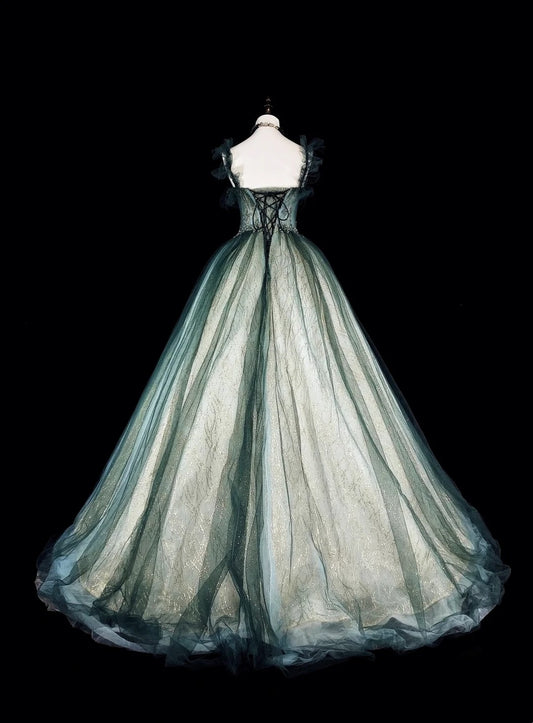 Vintage Prom Dresses Ball Gown Straps Green Tulle With Ruffle 1980s Long Formal Gown N2712