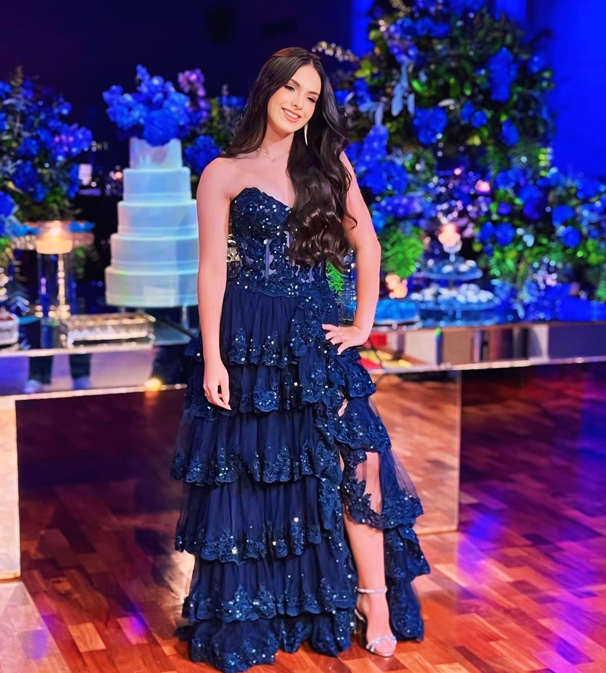 Robe de soirée modeste sans manches, longueur au sol, coupe trapèze, bleu marine, décolleté cœur, fente en dentelle, robe de bal longue AB1773