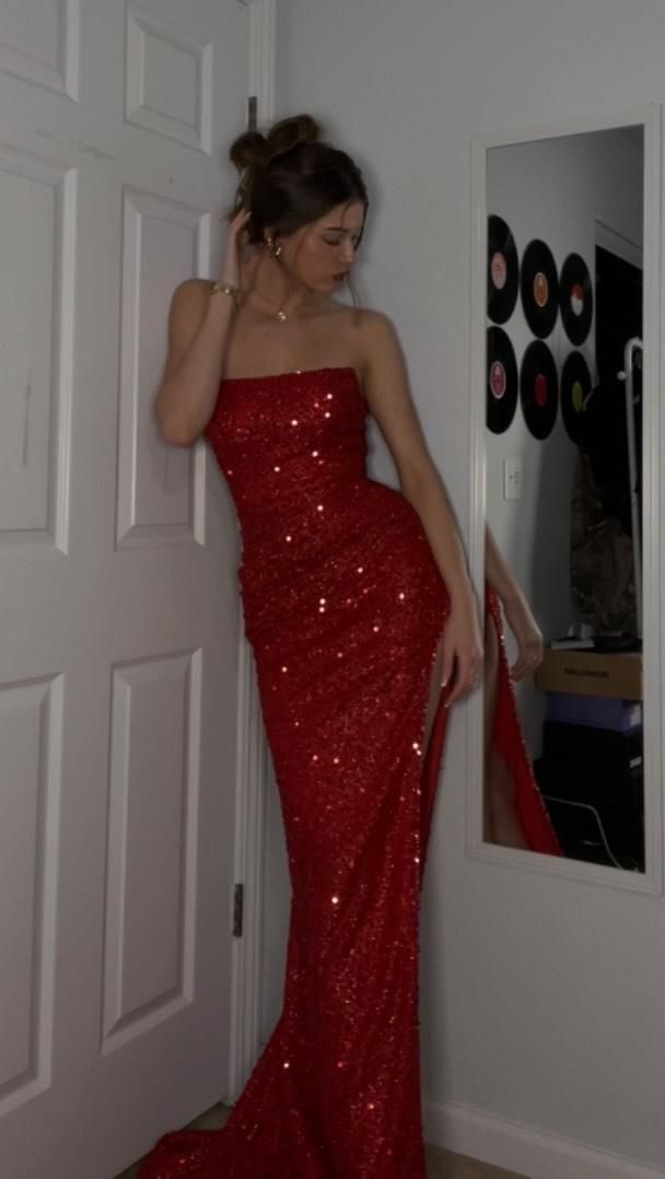 Robe de bal sirène/trompette rouge à paillettes sans bretelles avec traîne et fente, robe de soirée AB663