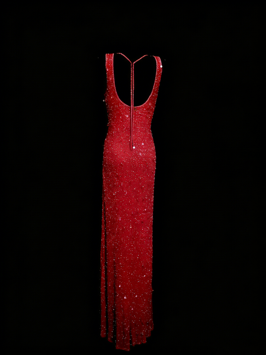 Modest Night Aesthetic Sheath Scoop Neck Red Sequins College Formal Outfit Long Prom Graduation Dresses For Teens N1155