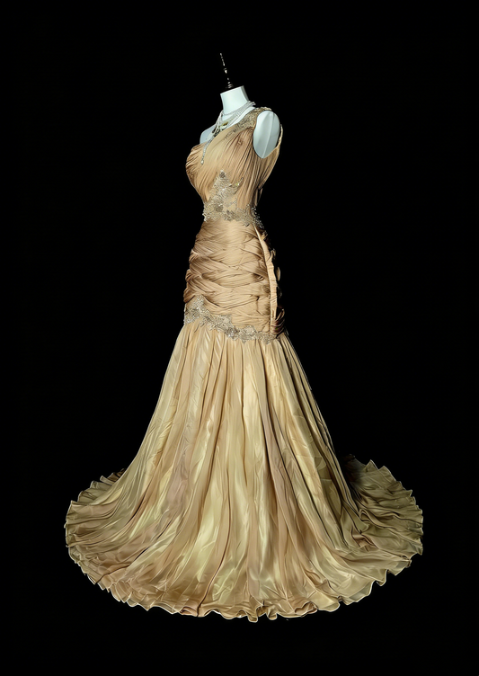 Robe de bal longue sirène vintage asymétrique en tulle champagne, sans manches et plissée, années 80, référence N1474