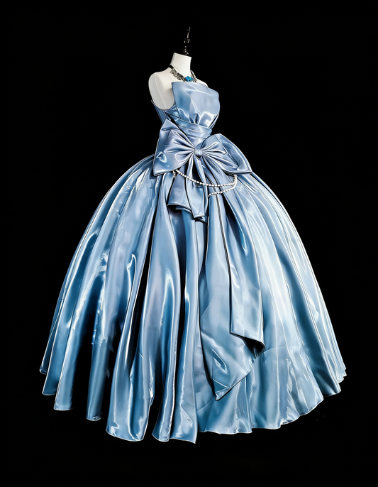 Princess Ball Gown Strapless Light Sky Blue Satin With Bow-knot Sweet 16 Dresses Quinceanera Dress N3417