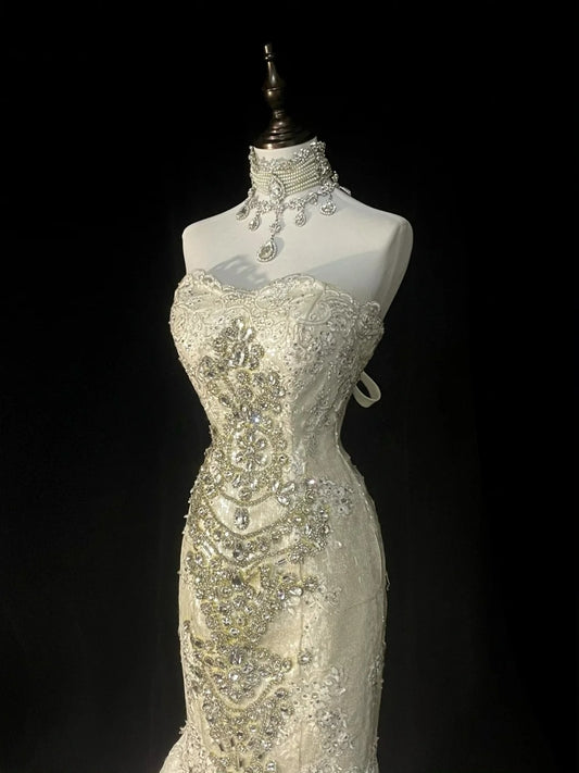 Vintage 80s Wedding Dresses Mermaid Sweetheart Ivory Lace Tulle Long Brides Dress Fitted Bridal Gown N1470