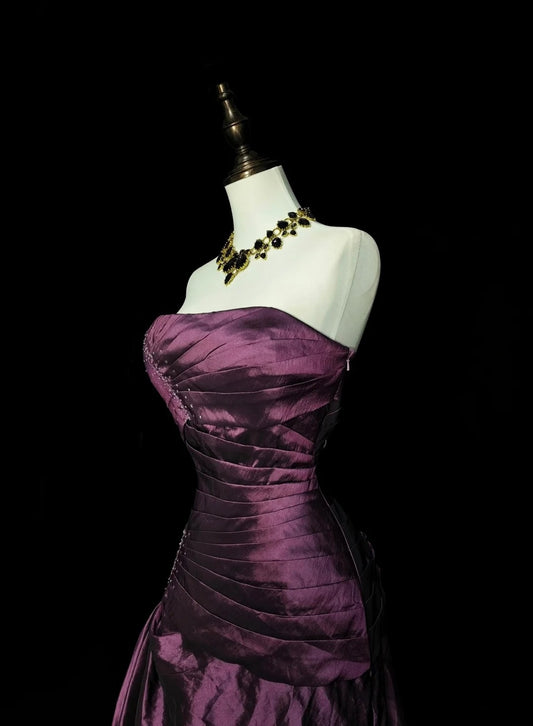 Robe de bal longue sirène vintage sans bretelles en taffetas violet, années 2000, plissée, N1360