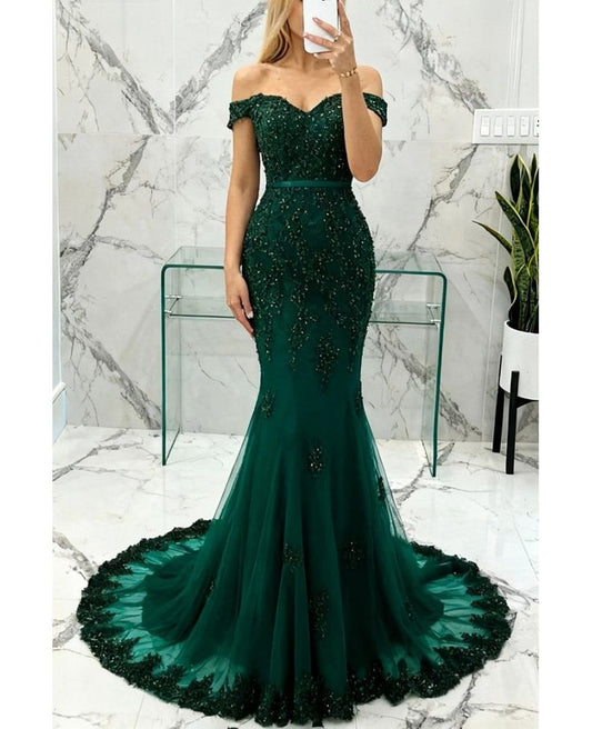 Green Mermaid Lace Beaded Off-Shoulder Formal Prom Dresses Long Party Dress AB1581