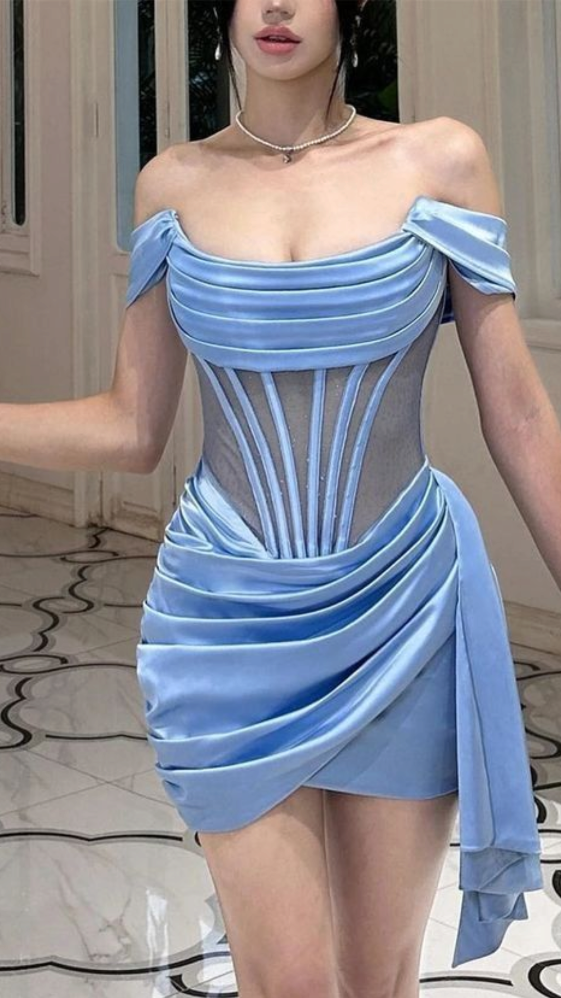 Sexy Etui schulterfrei blau Satin kurz Mini Partykleid Cocktail Homecoming Kleider N4230