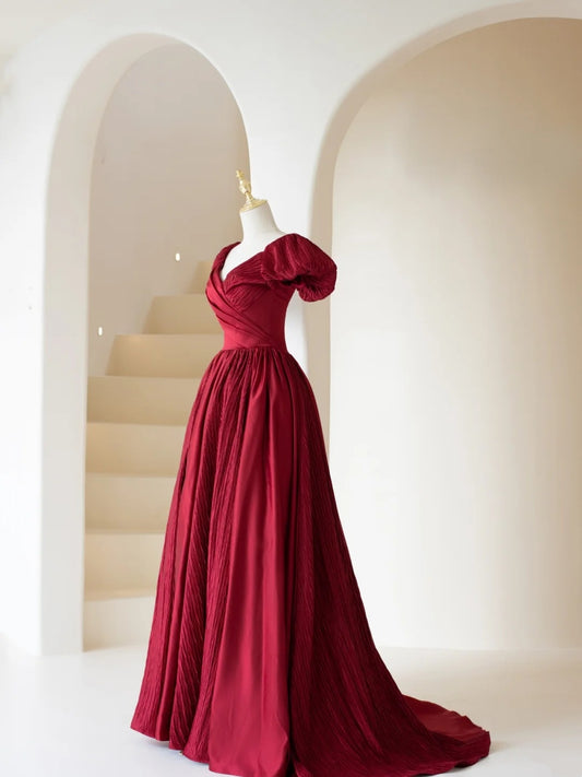 Stylish A line V Neck Burgundy With Sleeves Long Prom Dresses Inspiration Evening Gowns Formal Party Prom Dress N197