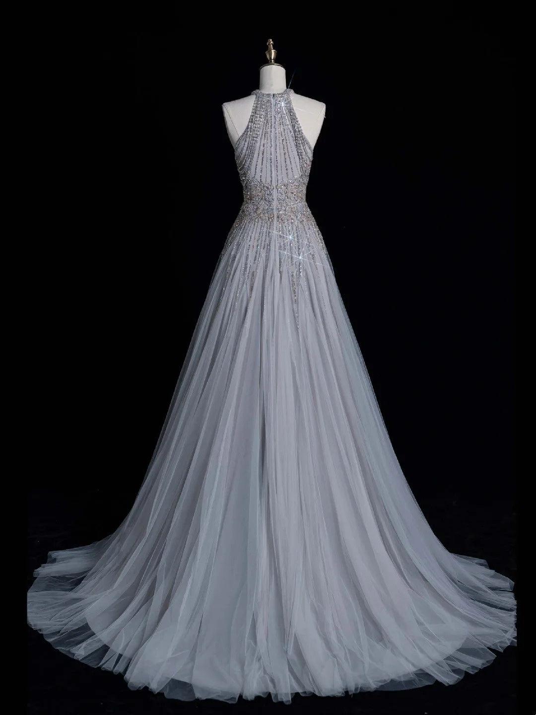 Elegantes A-Linien-Halterkleid mit silber-grauen Pailletten für den Abschlussball, langes Abendkleid für die High School, N1270