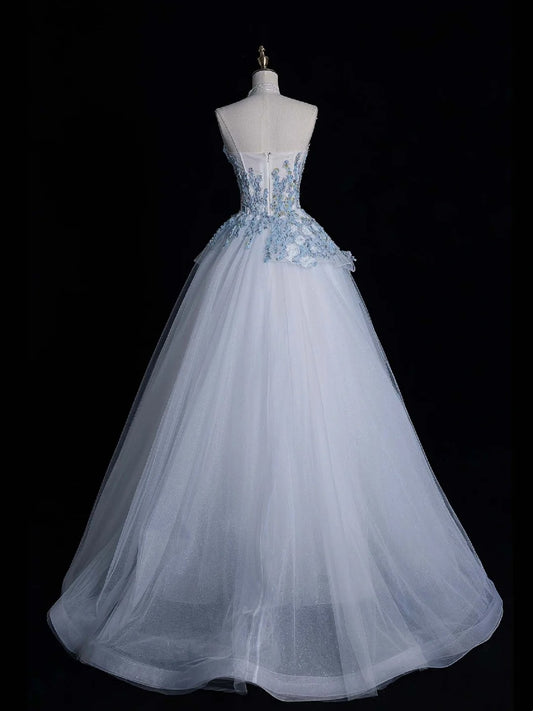 Robe de bal élégante, décolleté cœur, en tulle bleu ciel clair, longue, style tendance, idéale pour les soirées et les cérémonies de fin d'année (réf. N683)