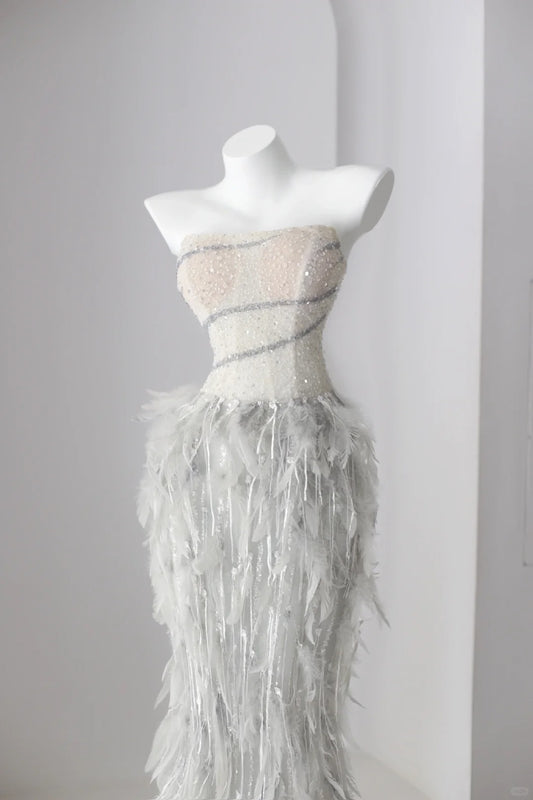 Sparkly Prom Dresses Mermaid Strapless Grey Sequin With Feathers Long Formal Dance Dress N2998