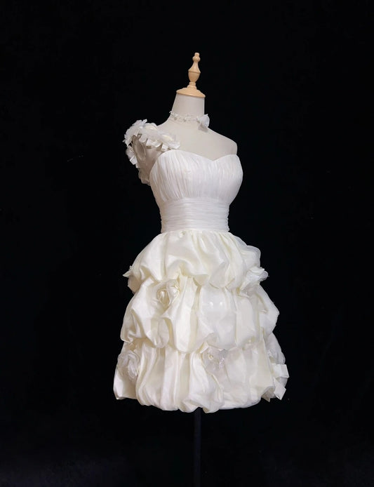 Timeless Wedding Dresses Sheath One Shoulder White Organza With Ruffled Short Bridal Gown N3005